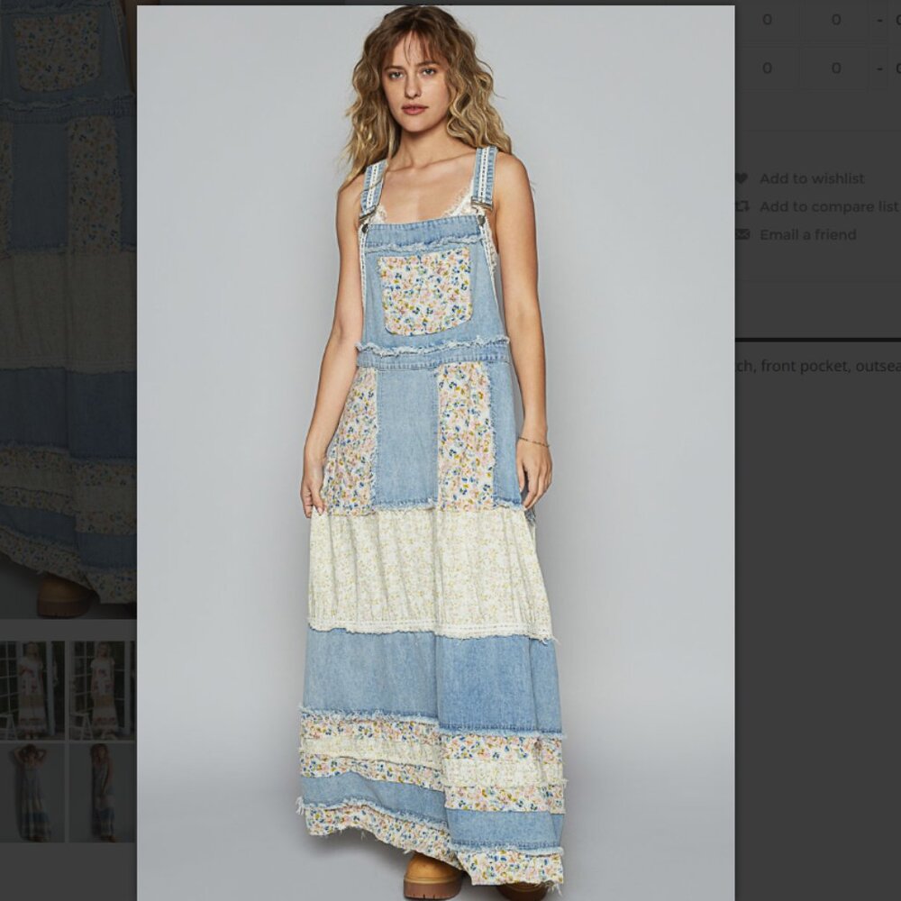 POL Mixed Print Patchwork Denim Overall Maxi Dress